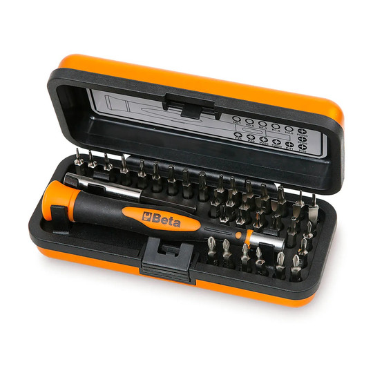 Micro screwdriver set with 4 mm bits, drive handle, magnetic extension, and aluminum case
