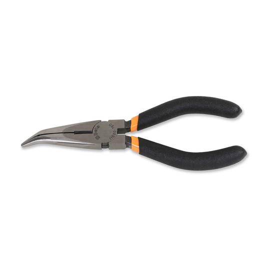 Black extra-long bent needle nose pliers with PVC-coated handles