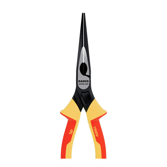 Red and yellow insulated 7-inch snipe nose pliers with straight jaws