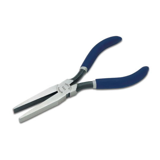 Blue duck bill pliers with plastic-dipped handle and flat wide jaws