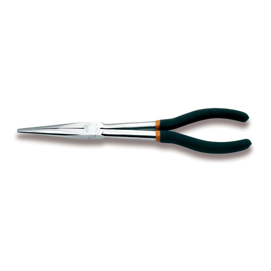 Extra-long flat knurled nose pliers with black PVC-coated handles