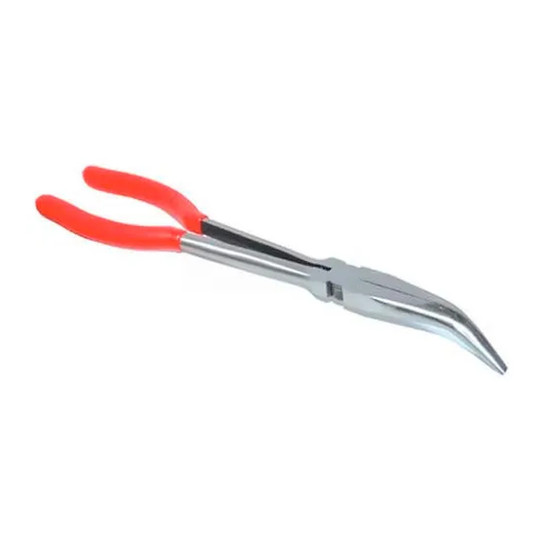 11-inch 45-degree offset bent nose long nose pliers with red comfort-grip handles