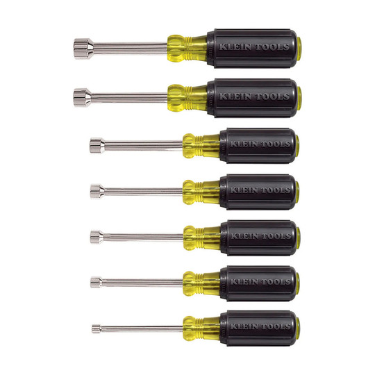 Seven nut drivers with black cushion-grip handles and 3-inch shafts