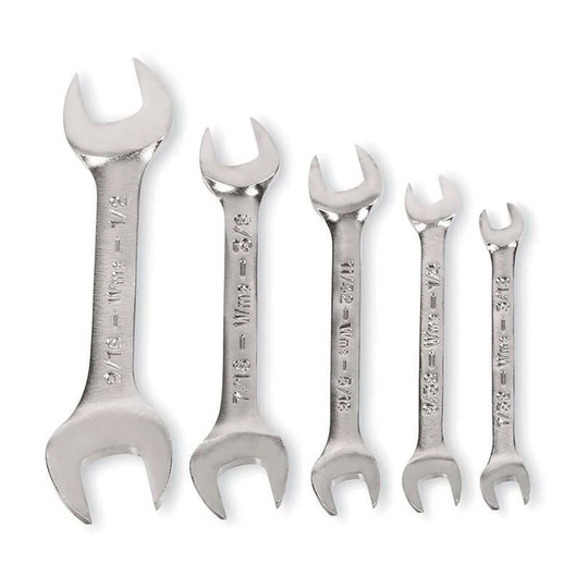 Five-piece double-head open-end wrench set with satin chrome finish