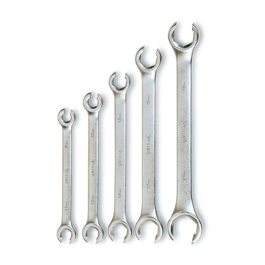 Five-piece double-head flare nut wrench set with chrome finish