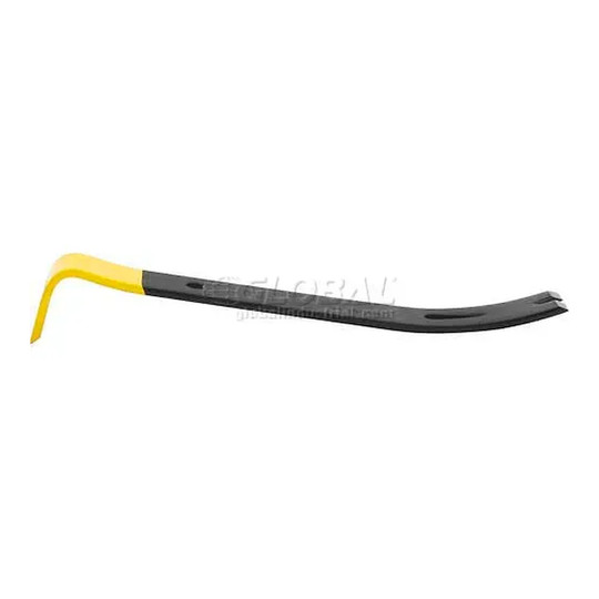 Forged steel pry bar with black finish and yellow high-visibility claw end