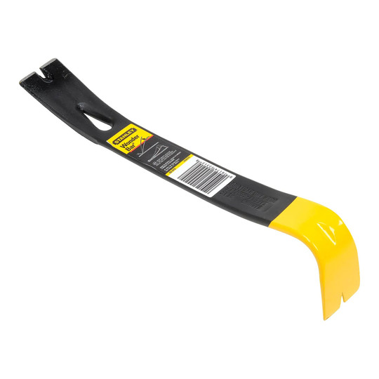 Black steel pry bar with a yellow claw end and nail slots