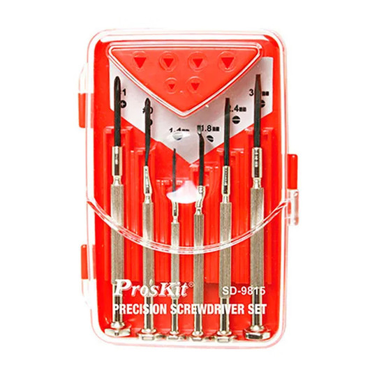 Precision screwdriver set with slotted and Phillips bits in a plastic storage box