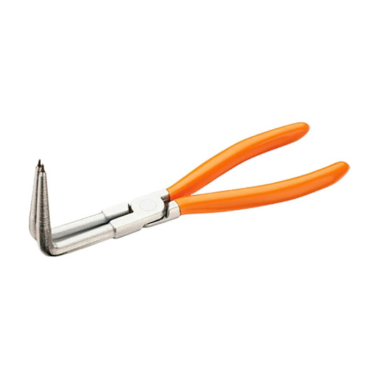 90-degree curved long-nose internal snap ring pliers with orange coated handles