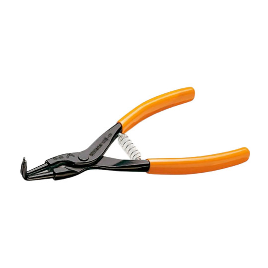 Orange-handled 90 degree external retaining ring pliers with angled jaws