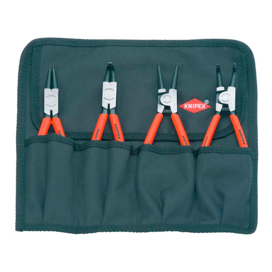 Four-piece internal and external circlip plier set in a red tool roll