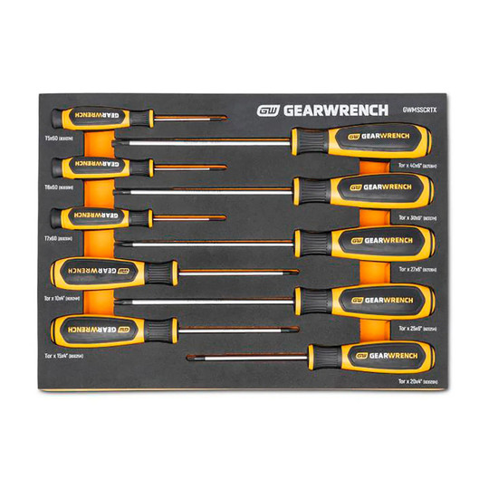 10-piece Torx screwdriver set arranged in a foam storage tray