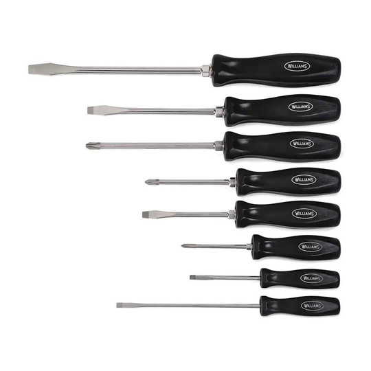 8-piece mixed screwdriver set with black comfort-grip handles and chrome blades