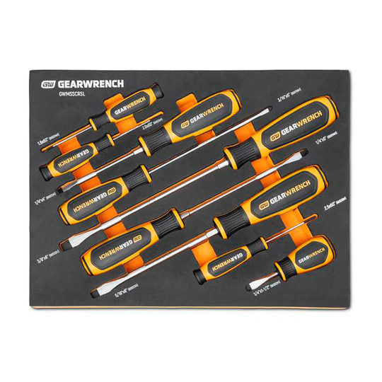 Nine slotted dual-material screwdrivers arranged in a foam storage tray