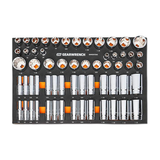 1/2 in. drive SAE 60-piece socket set arranged in a foam storage tray