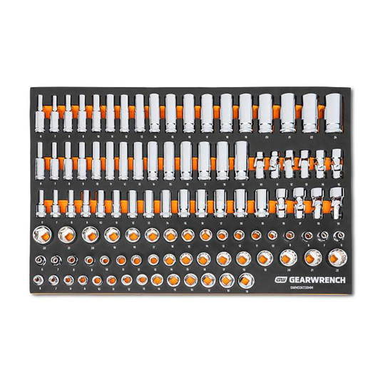 3/8-inch drive metric socket set arranged in a high-visibility foam storage tray
