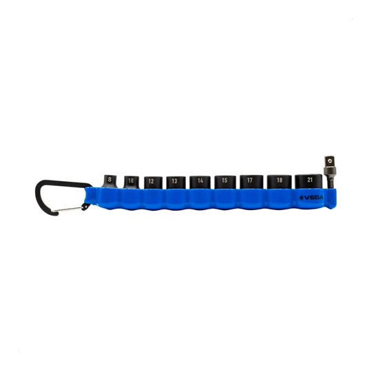 Metric impact socket set on a flexible storage bar with carabiner