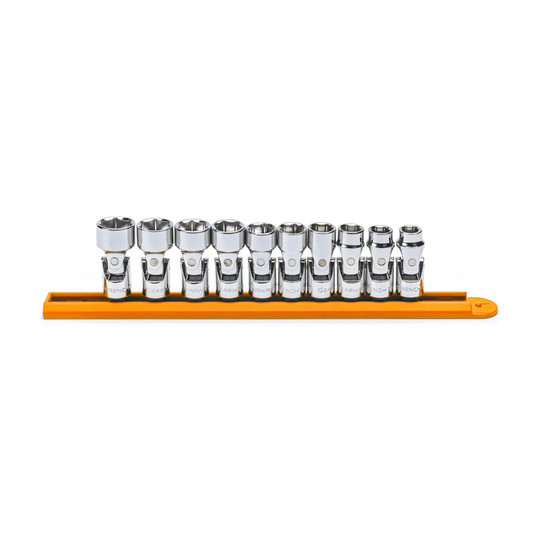 10-piece 6-point flex metric socket set with 3/8-inch drive tang and socket rail
