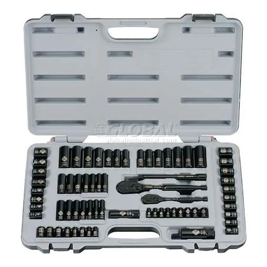 Black chrome SAE and metric socket set with ratchets and carry case