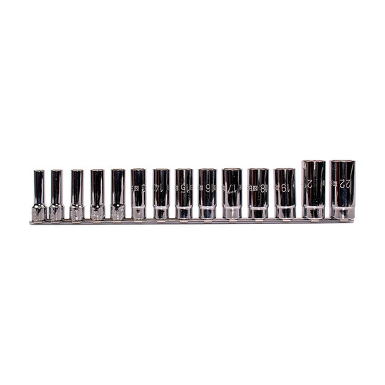 14-piece metric deep socket set on metal storage rail