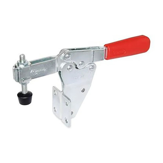 Horizontal-acting steel toggle clamp with vertical mounting base and rubber-tip spindle