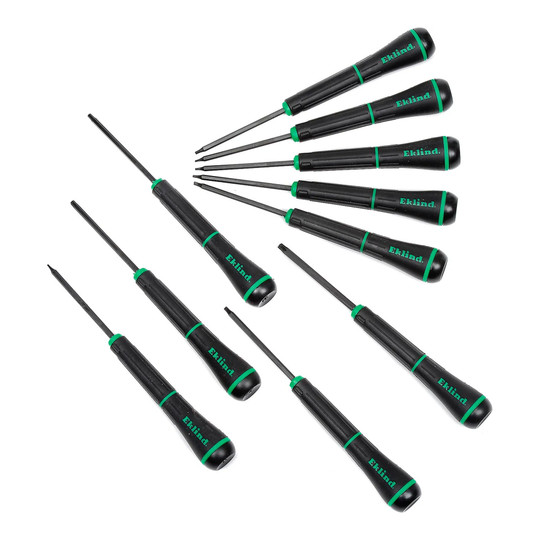 Green Torx precision screwdriver set with T3 through T20 sizes
