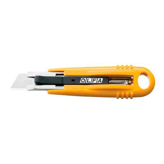 Yellow self-retracting safety utility knife with textured handle and blade slider