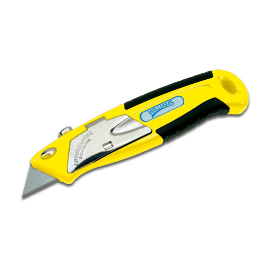Yellow auto-loading utility knife with front push-button blade access