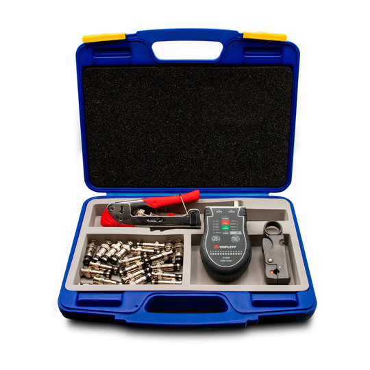 Universal compression tool kit with cable tester, wire cutter, connectors, and carrying case