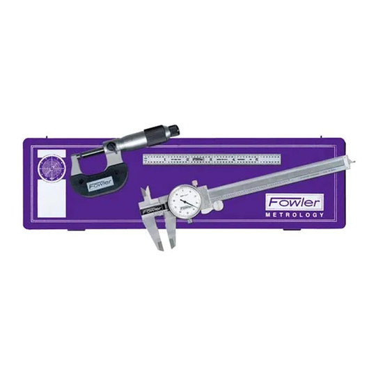 Dial caliper, micrometer, and flexible steel rule measuring set in a hardened case