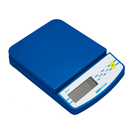 Blue compact digital balance with a square weighing platform