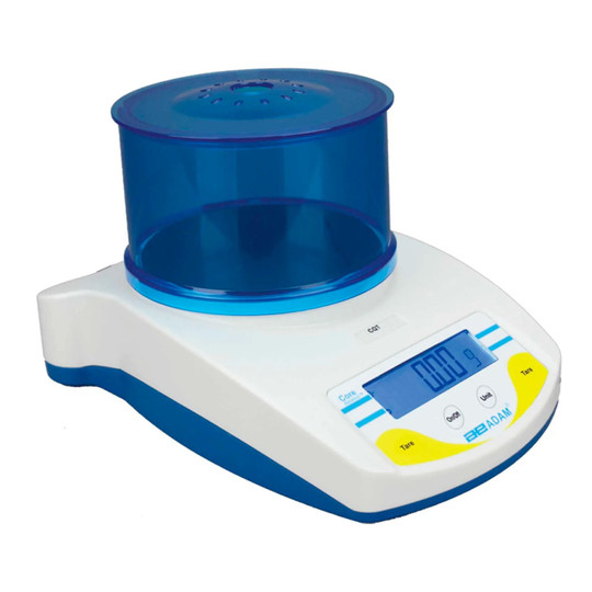 White compact digital balance with round weighing platform and backlit display