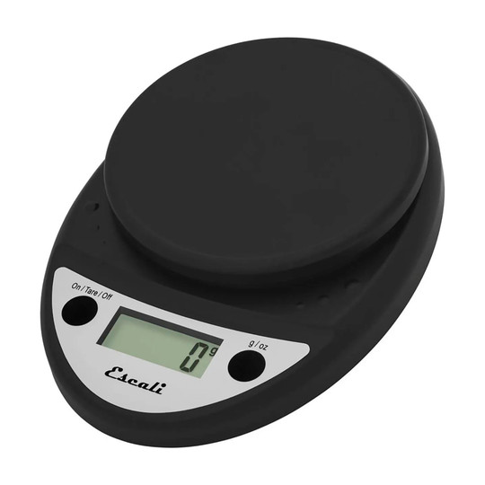 Black compact digital scale with digital display and two-button controls