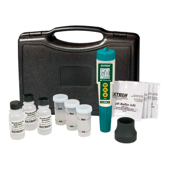 Waterproof pH and conductivity meter kit with calibration standards, sample cups, weighted base, and case