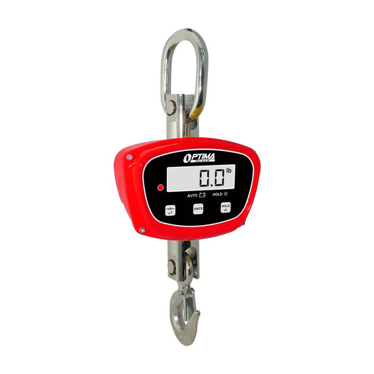 Red digital crane scale with backlit LCD display and remote control
