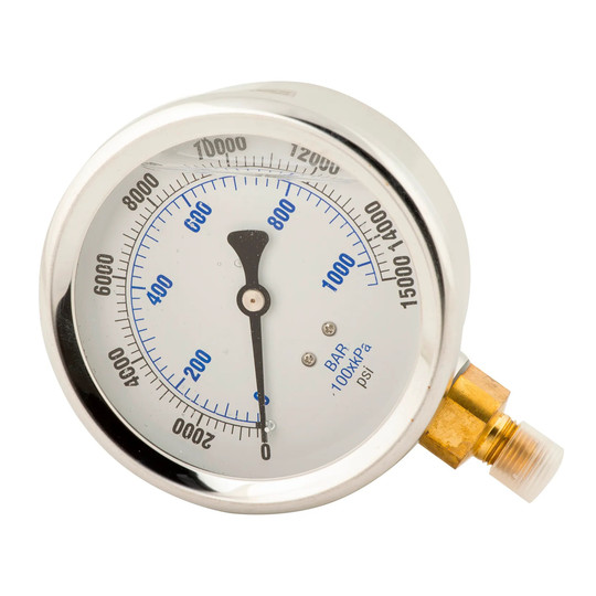 Glycerin-filled hydraulic pressure gauge with 4-inch face and 0-15,000 PSI range