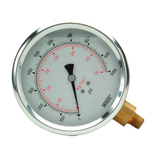 Liquid-filled 2-1/2 in. pressure gauge with 0-10,000 PSI range and 1/4-18 NPTF connection