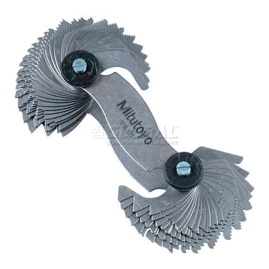 Screw pitch gage with 51 marked leaves and locking clamps