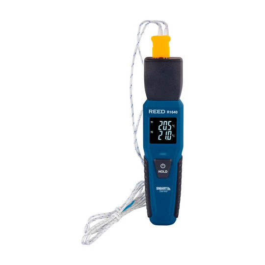 Blue two-channel Bluetooth thermocouple thermometer with integrated display