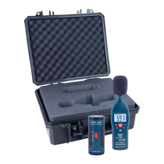 Sound level meter and calibrator kit in a blue hard carrying case