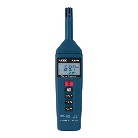 Portable blue thermo-hygrometer with dual LCD temperature and humidity display