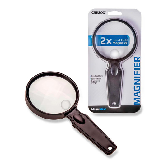 Black handheld magnifier with acrylic lens and 4.5x spot lens