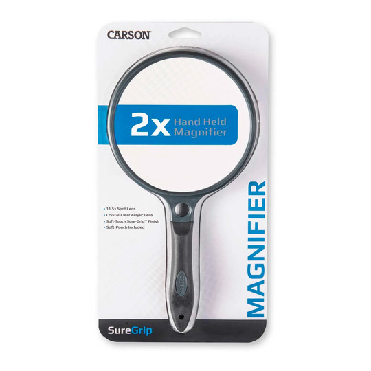 Black handheld magnifier with soft-grip handle and clear lens