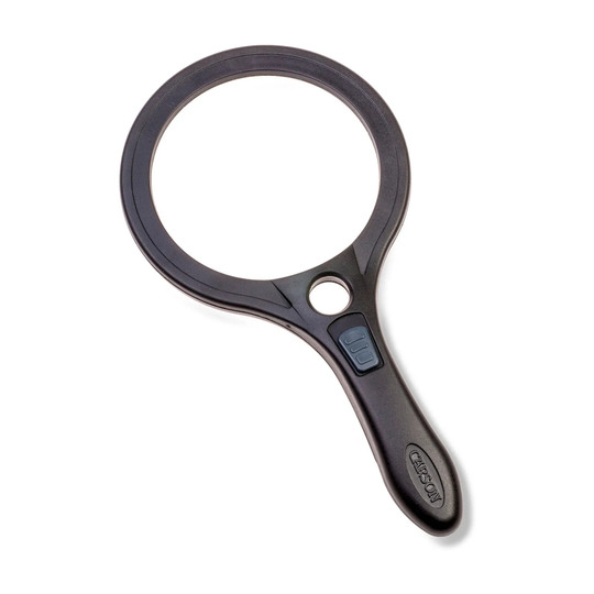 Black lighted magnifier with 4.5-inch lens, 2x magnification, and 7x spot lens