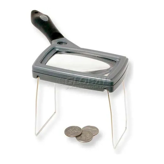 Black handheld magnifier with soft-grip handle and fold-out stand