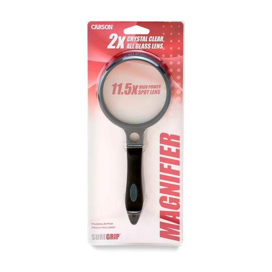 Black handheld magnifier with soft-grip handle and spot lens