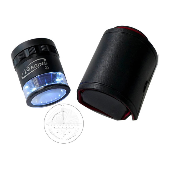 Black 10x illuminated stand measuring loupe with removable scale
