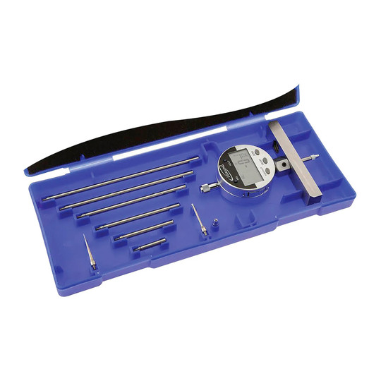Digital depth gauge with 4-inch base, digital indicator, and extension rods