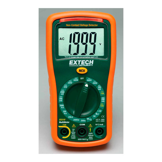 Black manual-ranging multimeter with non-contact voltage detection