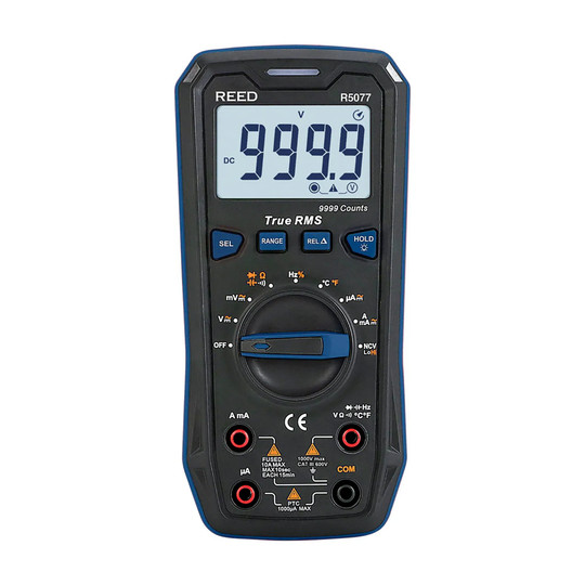 True RMS digital multimeter with backlit display and test leads
